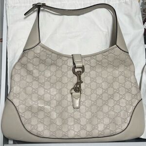 Gucci Beige GG Monogram Shoulder Hobo with Gold Hardware